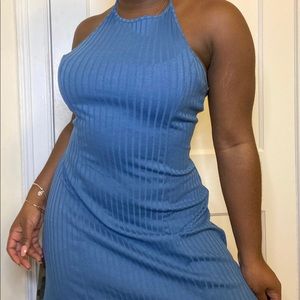 Blue tied neck mini flare dress